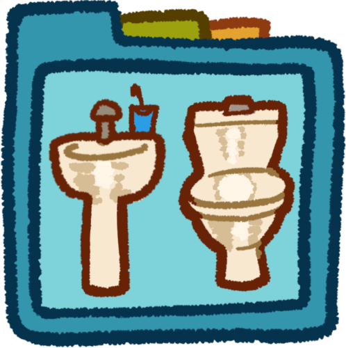 a basin and a toilet. They're inside a teal folder that has green and orange folder tabs behind it.